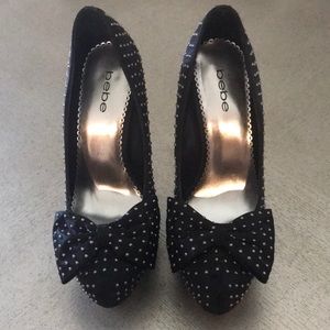 Bebe Black Satin Stilettos with Bows